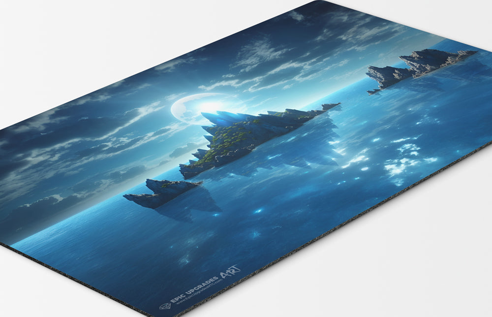 a beautiful blue island on the ocean. mono blue mana mtg player playmat. 24 by 14 inches cloth top rubber bottom.