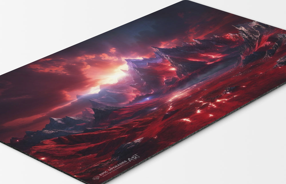 a beautiful red mountain range with molten lava. mono red mana mtg player playmat. 24 by 14 inches cloth top rubber bottom.