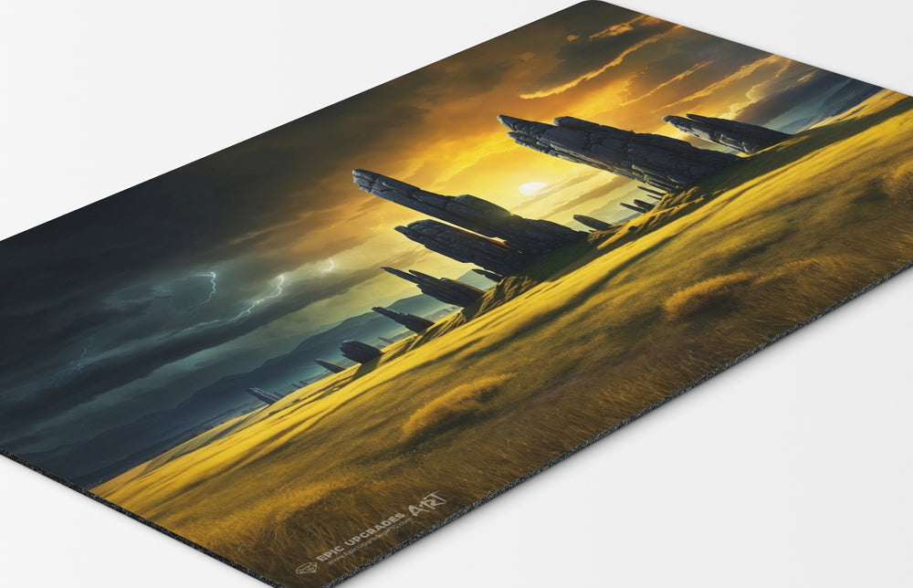 a beautiful yellow plains with monoliths and a storm brewing. mono white mana mtg player playmat. 24 by 14 inches cloth top rubber bottom.