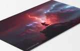 a beautiful scene with a wizard casting an enormous lightning bolt into a valley of mountains that lights up the sky. mtg red aggro burn play mat 24 inches by 14 inches