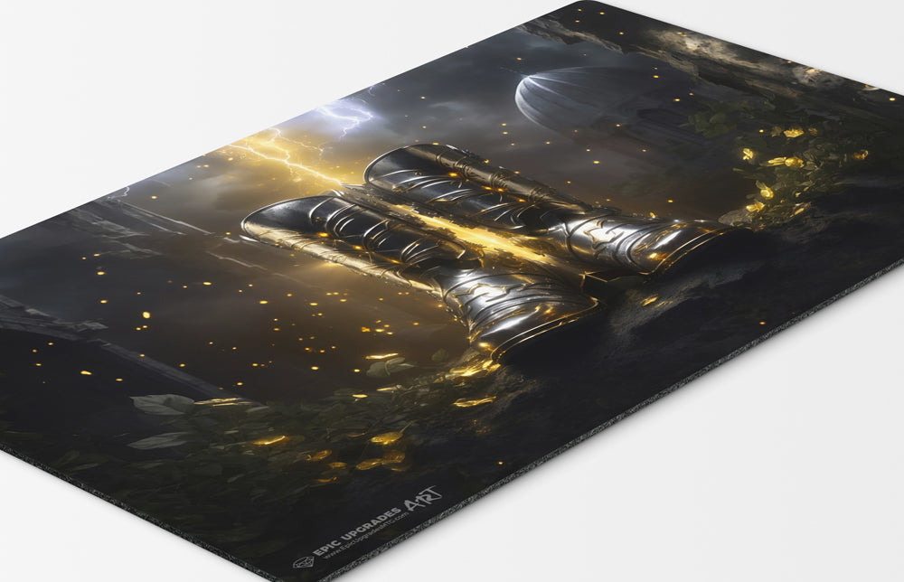 a pair of metallic gold and silver glorious plate battle boots with lightning coming down in the background. inspired by the iconic EDH lightning greaves equipment card mtg commander play mat 24 inches by 14 inches