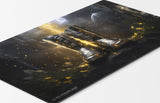 a pair of metallic gold and silver glorious plate battle boots with lightning coming down in the background. inspired by the iconic EDH lightning greaves equipment card mtg commander play mat 24 inches by 14 inches