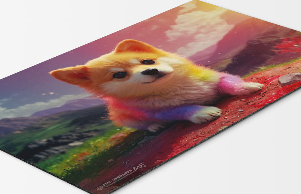 an adorable baby rainbow puppy dog playmat for mtg magic the gathering pokemon yugioh flesh and blood fab tcg players. 24 inch by 14 inch play mat card game accessories
