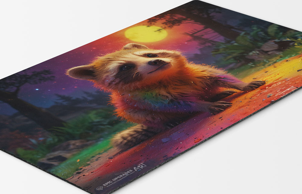 Prismatic Pals - Cute Raccoon Playmat | 24"x14" Rainbow Card Mat epicupgrades Prismatic Pals - Cute Raccoon Playmat | 24"x14" Rainbow Card Mat epicupgrades