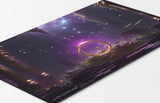 a beautiful scene with a sol ring inspired by the iconic edh commander card. mana rock floating in ancient ruins. mtg play mat 24 inches by 14 inches