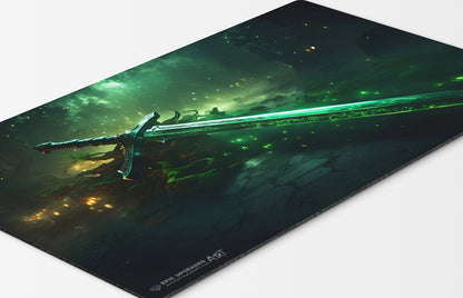 a glorious green and black sword resting on a patch of ground. inspired by the iconic EDH sword of feast and famine equipment card mtg commander play mat 24 inches by 14 inches