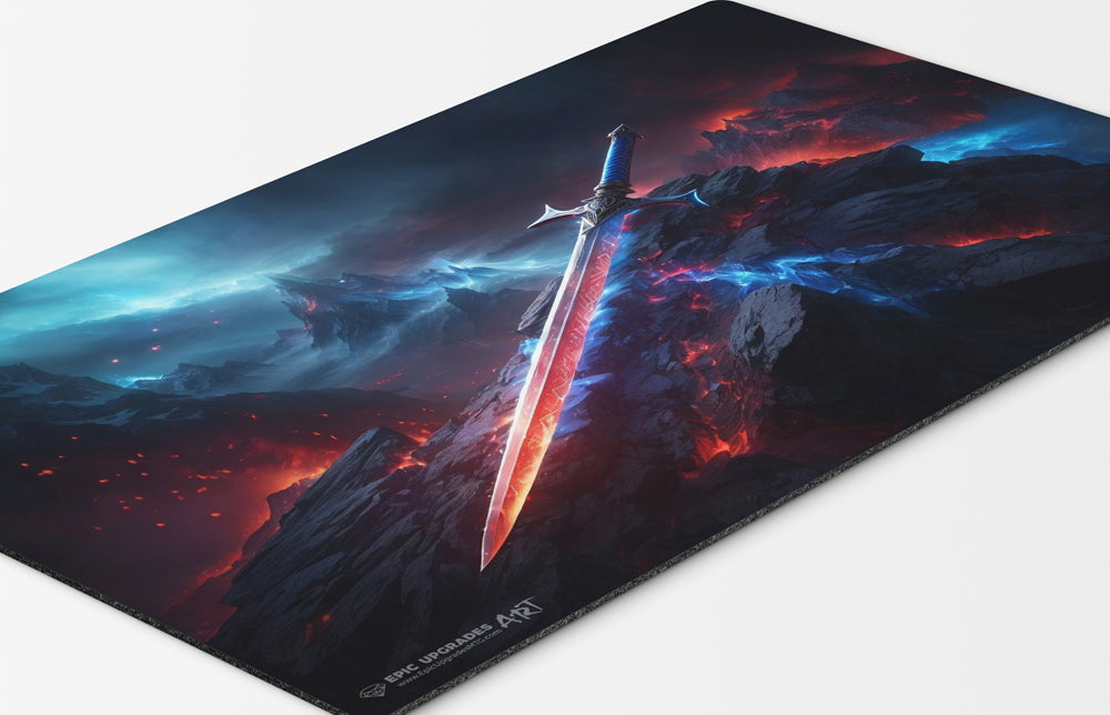 a glorious red and blue fiery and cold sword resting on a patch of burning and frozen ground. inspired by the iconic EDH sword of fire and ice equipment card mtg commander play mat 24 inches by 14 inches