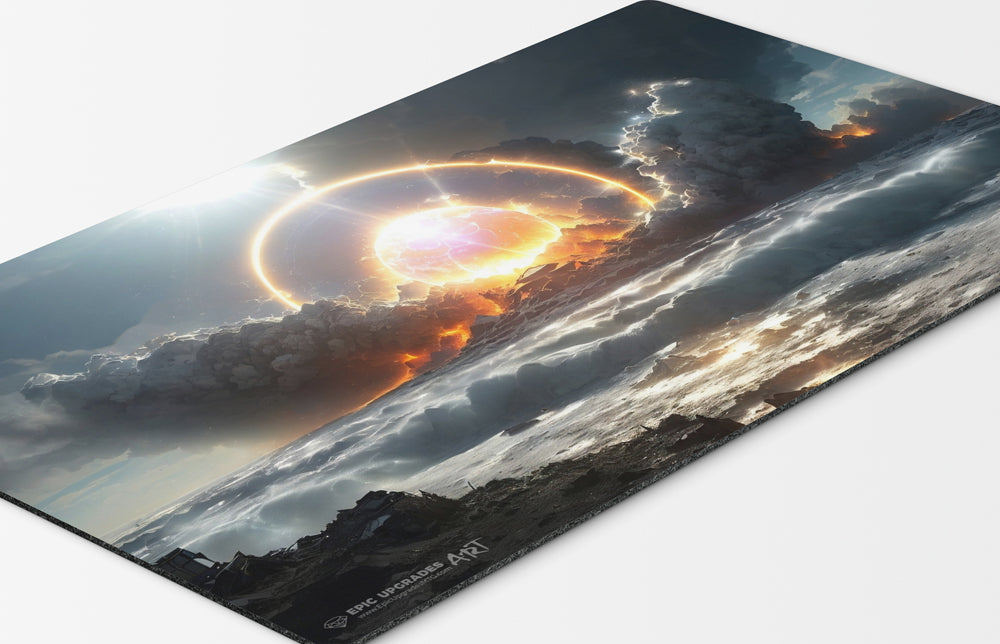 An emormous ball of godly wrath strikes the ground creating mass destruction. white mana board wipe wrath of god inspired by the iconic edh control card. mtg commander play mat 24 inches by 14 inches