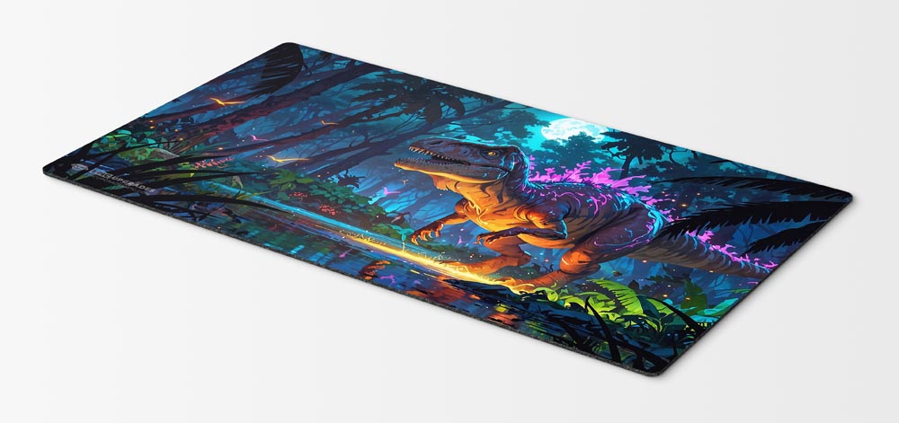 dinosaur cartoon playmat for magic the gathering players. 24" x 14" tribal card mat for commander EDH