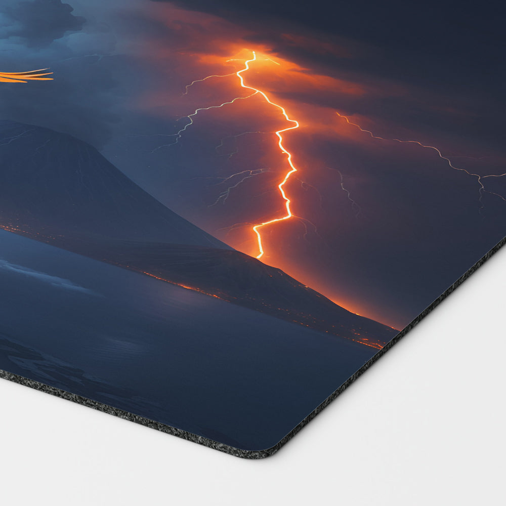 a beautiful orange bird resembling the iconic magic the gathering card Birds of Paradise. A volcano and lightning over a body of water in the background. 24 by 14 inch playmat art. bolt the bird!