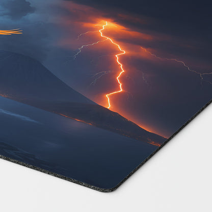 a beautiful orange bird resembling the iconic magic the gathering card Birds of Paradise. A volcano and lightning over a body of water in the background. 24 by 14 inch playmat art. bolt the bird!