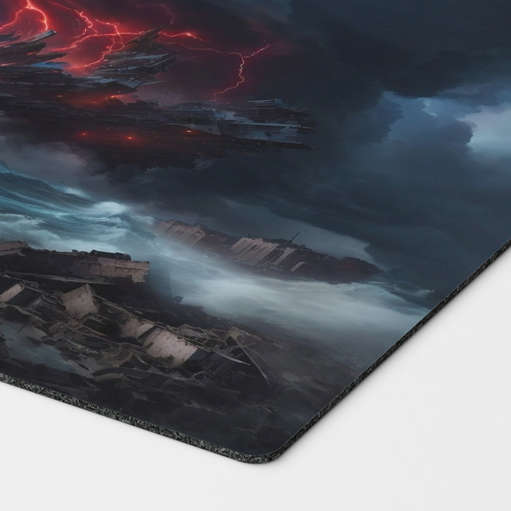 a violent rift-like storm brews in the distance, enveloping an entire city in mass destruction. inspired by the iconic edh cyclonic rift card. mtg commander play mat 24 inches by 14 inches