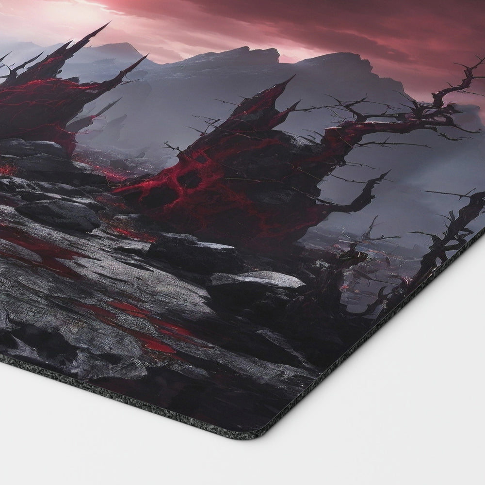 a breathtaking depiction of rakdos bloodstained mire red and black swamp mountains. dual land mana mtg player playmat. 24 by 14 inches cloth top rubber bottom.