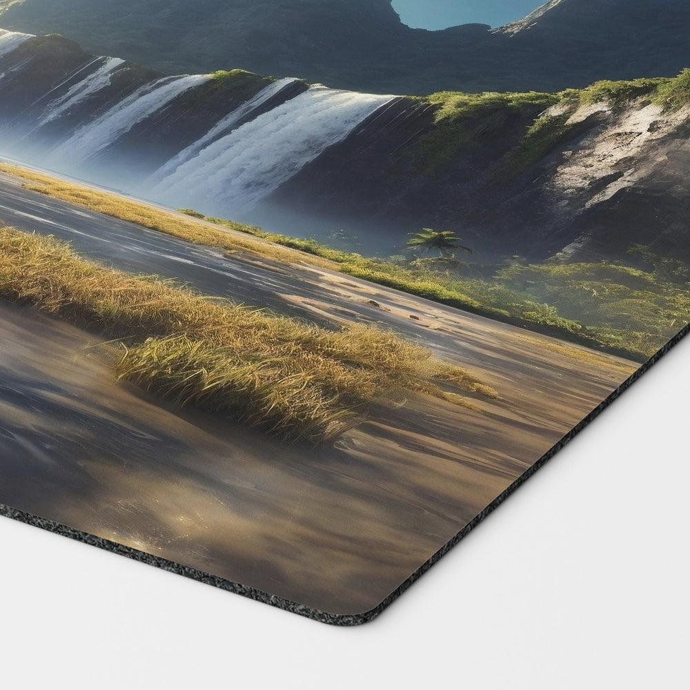 a breathtaking depiction of azorius flooded strand white blue plains island. dual land mana mtg player playmat. 24 by 14 inches cloth top rubber bottom.