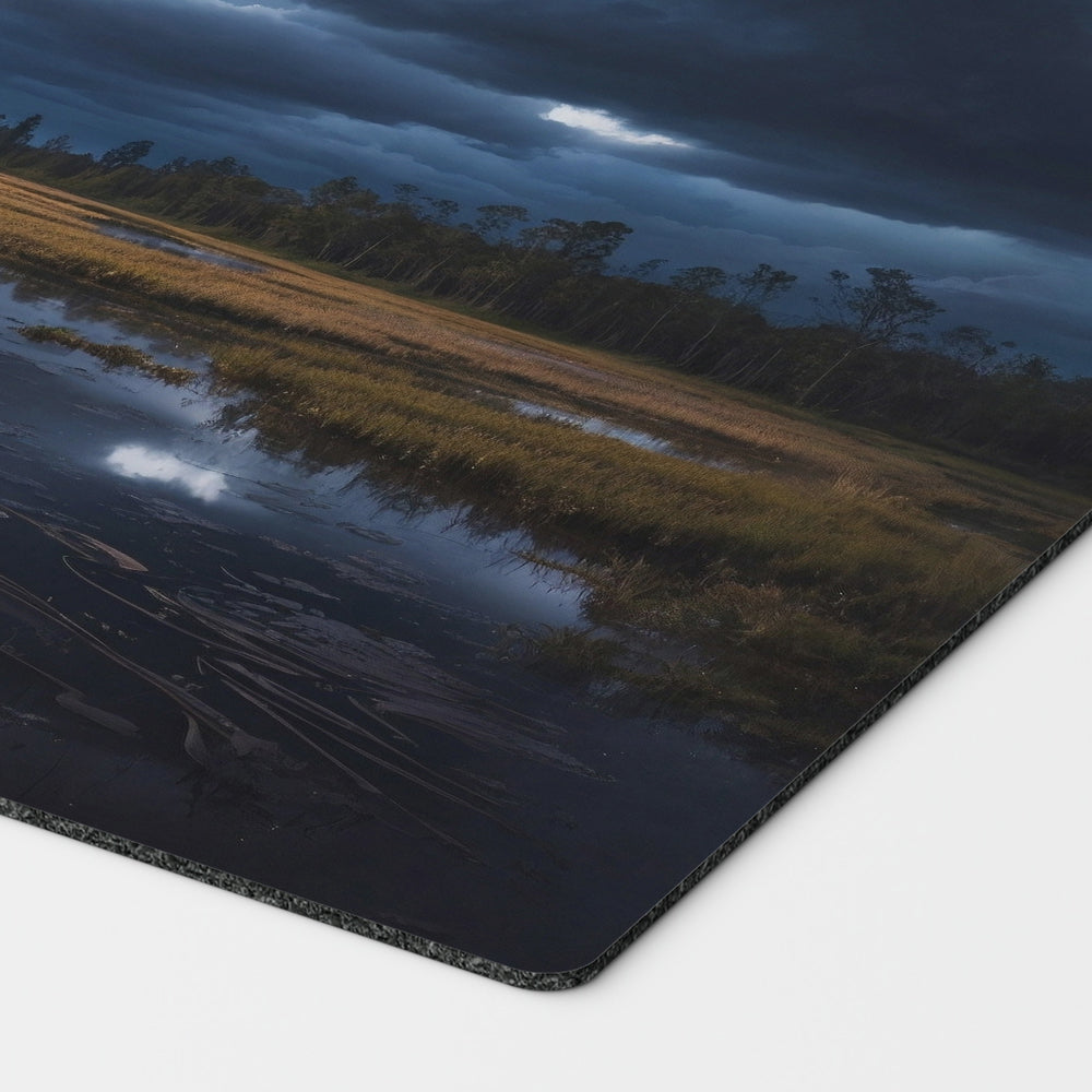 a breathtaking depiction of orzhov marsh flats plains swamp black white. dual land mana mtg player playmat. 24 by 14 inches cloth top rubber bottom.