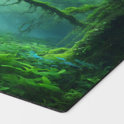 a breathtaking depiction of simic misty rainforest green blue forest island. dual land mana mtg player playmat. 24 by 14 inches cloth top rubber bottom.