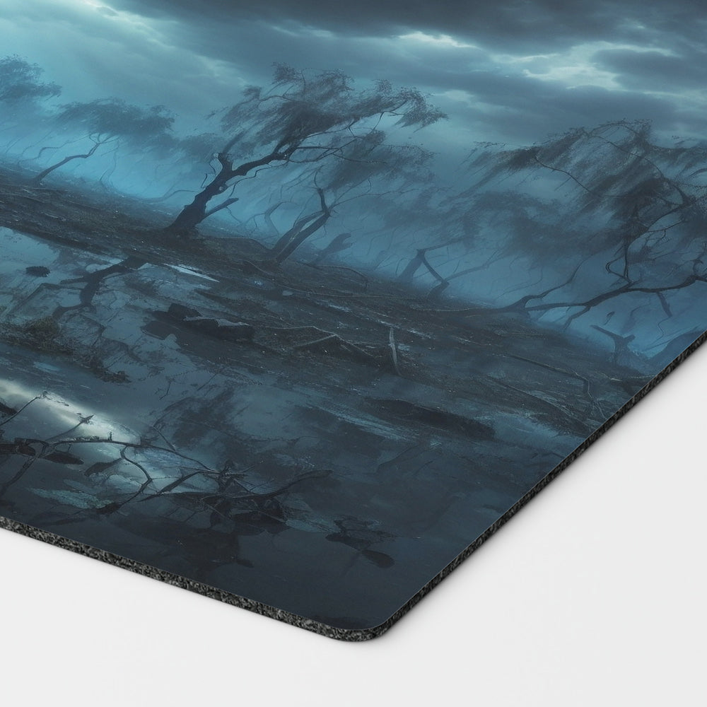 a breathtaking depiction of dimir polluted delta blue black island swamp. dual land mana mtg player playmat. 24 by 14 inches cloth top rubber bottom.