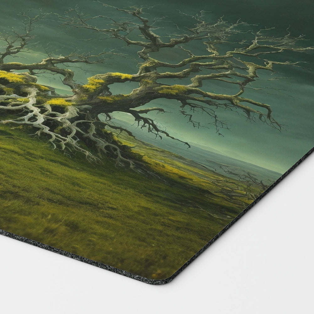 a breathtaking depiction of windswept heath selesnya white green plains forest. dual land mana mtg player playmat. 24 by 14 inches cloth top rubber bottom.