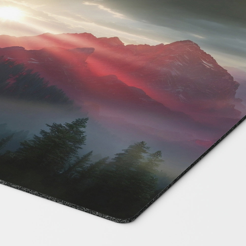 a breathtaking depiction of wooded foothills green red gruul forest mountain. dual land mana mtg player playmat. 24 by 14 inches cloth top rubber bottom.