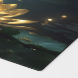 a beautiful scene with a golden gilded lotus inspired by the iconic edh commander card. mtg play mat 24 inches by 14 inches