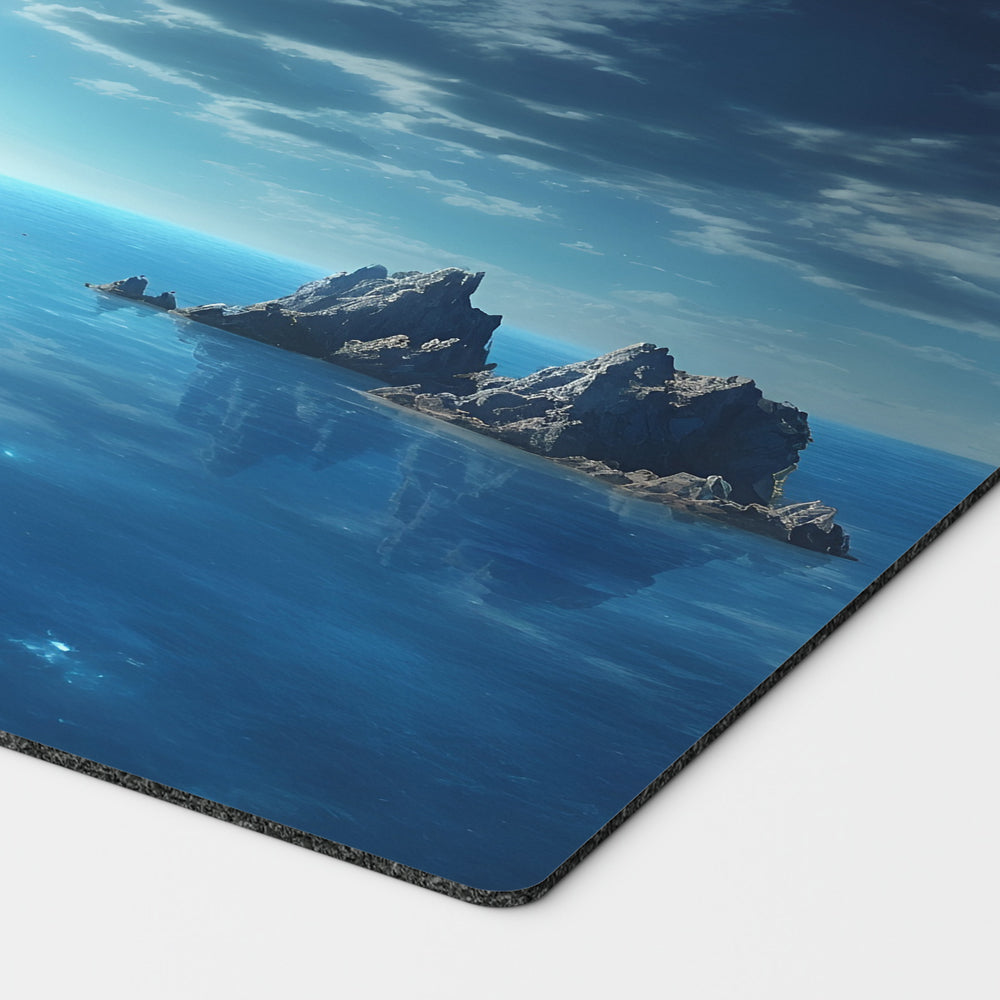 a beautiful blue island on the ocean. mono blue mana mtg player playmat. 24 by 14 inches cloth top rubber bottom.