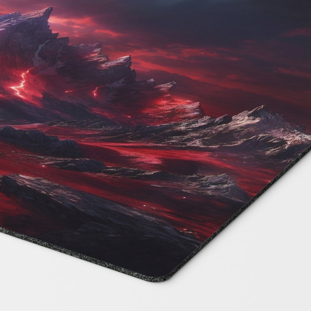 a beautiful red mountain range with molten lava. mono red mana mtg player playmat. 24 by 14 inches cloth top rubber bottom.
