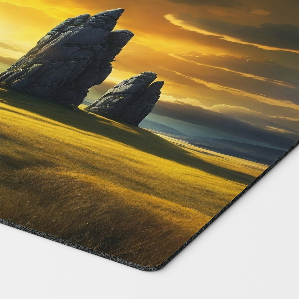 a beautiful yellow plains with monoliths and a storm brewing. mono white mana mtg player playmat. 24 by 14 inches cloth top rubber bottom.