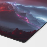 a beautiful scene with a wizard casting an enormous lightning bolt into a valley of mountains that lights up the sky. mtg red aggro burn play mat 24 inches by 14 inches