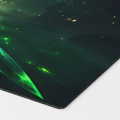 a glorious green and black sword resting on a patch of ground. inspired by the iconic EDH sword of feast and famine equipment card mtg commander play mat 24 inches by 14 inches