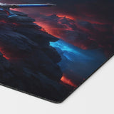 a glorious red and blue fiery and cold sword resting on a patch of burning and frozen ground. inspired by the iconic EDH sword of fire and ice equipment card mtg commander play mat 24 inches by 14 inches