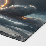 An emormous ball of godly wrath strikes the ground creating mass destruction. white mana board wipe wrath of god inspired by the iconic edh control card. mtg commander play mat 24 inches by 14 inches
