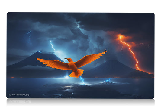 a beautiful orange bird resembling the iconic magic the gathering card Birds of Paradise. A volcano and lightning over a body of water in the background. 24 by 14 inch playmat art. bolt the bird!