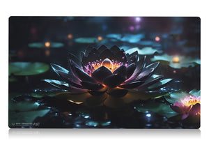 a beautiful black lotus resembling the iconic magic the gathering card. beautiful mtg flower on a body of water in the background. 24 inch by 14 inch play mat