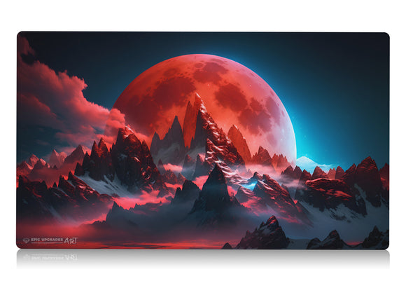 a beautiful scene with an enormous blood moon rising over a snow-covered mountain range. inspired by the iconic magic the gathering card. clouds with angelic light and fog surrounding. mtg play mat 24 inches by 14 inches