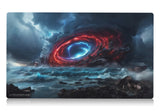 a violent rift-like storm brews in the distance, enveloping an entire city in mass destruction. inspired by the iconic edh cyclonic rift card. mtg commander play mat 24 inches by 14 inches