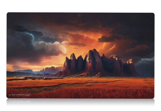 a breathtaking depiction of boros arid mesa red and white plains mountains. dual land mana mtg player playmat. 24 by 14 inches cloth top rubber bottom.