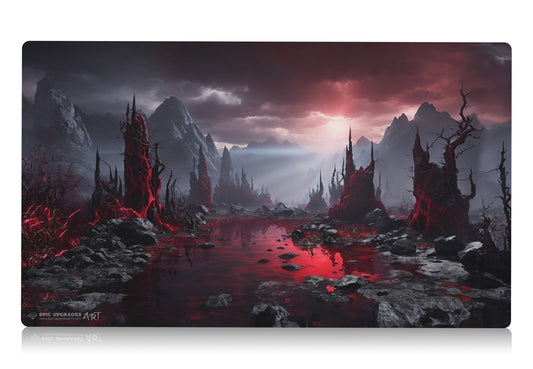 a breathtaking depiction of rakdos bloodstained mire red and black swamp mountains. dual land mana mtg player playmat. 24 by 14 inches cloth top rubber bottom.