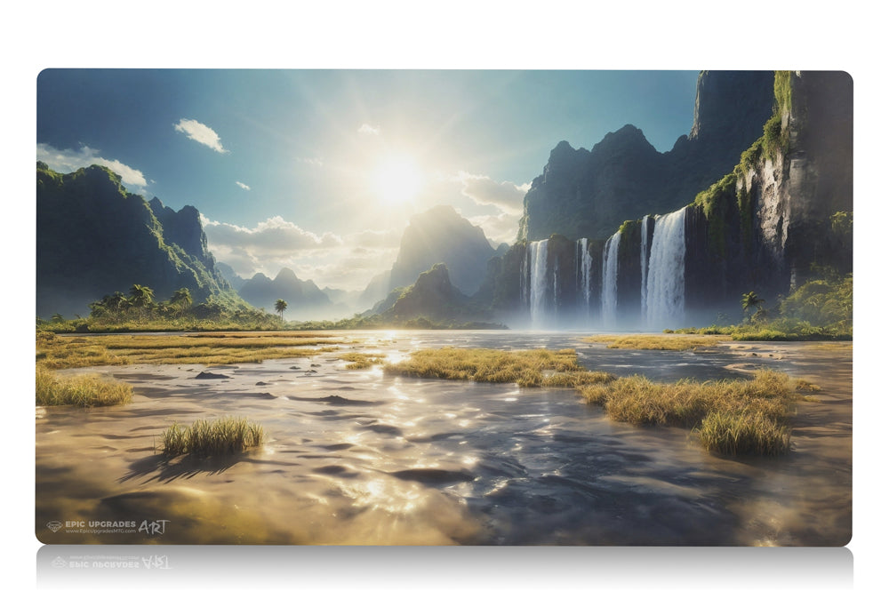 a breathtaking depiction of azorius flooded strand white blue plains island. dual land mana mtg player playmat. 24 by 14 inches cloth top rubber bottom.