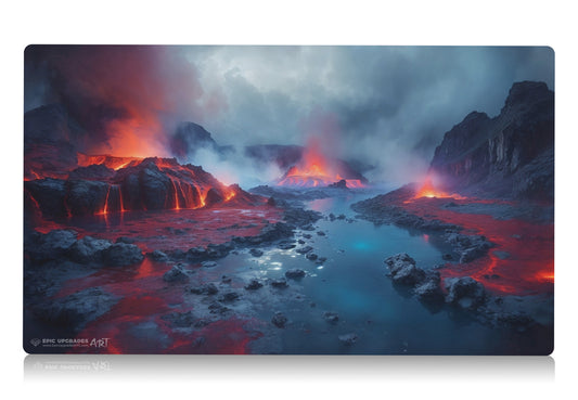 a breathtaking depiction of izzet scalding tarn red blue mountain island. dual land mana mtg player playmat. 24 by 14 inches cloth top rubber bottom.