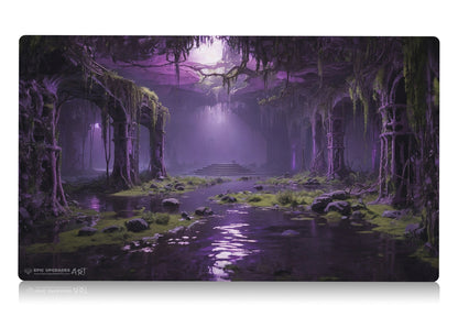 a breathtaking depiction of golgari verdant catacombs green black forest swamp. dual land mana mtg player playmat. 24 by 14 inches cloth top rubber bottom.