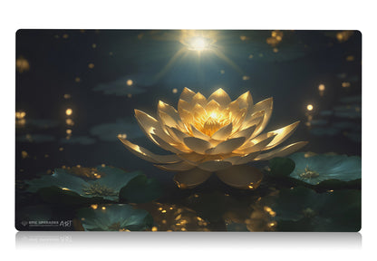 a beautiful scene with a golden gilded lotus inspired by the iconic edh commander card. mtg play mat 24 inches by 14 inches