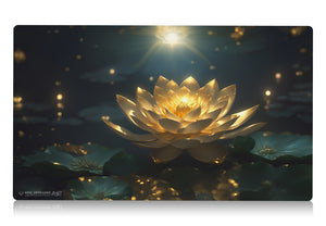 a beautiful scene with a golden gilded lotus inspired by the iconic edh commander card. mtg play mat 24 inches by 14 inches