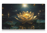 a beautiful scene with a golden gilded lotus inspired by the iconic edh commander card. mtg play mat 24 inches by 14 inches