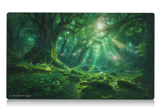 a beautiful green forest. mono green mana mtg player playmat. 24 by 14 inches cloth top rubber bottom.