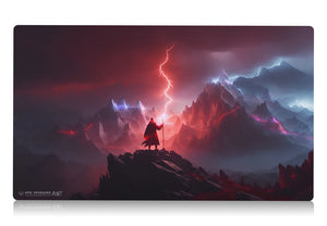 a beautiful scene with a wizard casting an enormous lightning bolt into a valley of mountains that lights up the sky. mtg red aggro burn play mat 24 inches by 14 inches