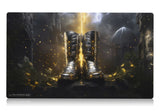 a pair of metallic gold and silver glorious plate battle boots with lightning coming down in the background. inspired by the iconic EDH lightning greaves equipment card mtg commander play mat 24 inches by 14 inches