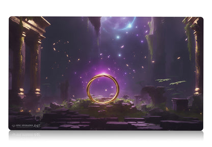 a beautiful scene with a sol ring inspired by the iconic edh commander card. mana rock floating in ancient ruins. mtg play mat 24 inches by 14 inches