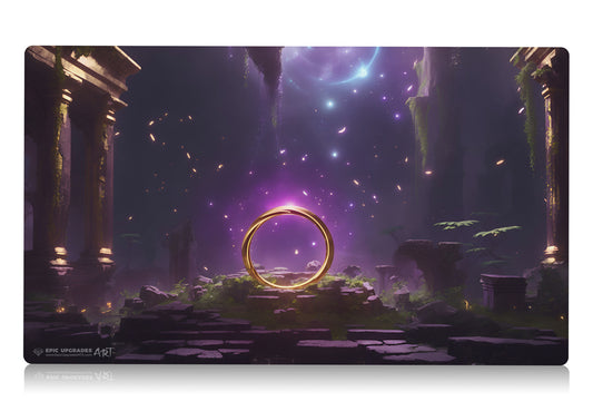 a beautiful scene with a sol ring inspired by the iconic edh commander card. mana rock floating in ancient ruins. mtg play mat 24 inches by 14 inches