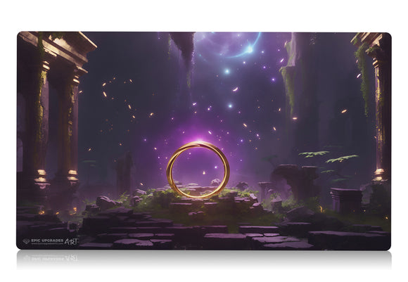 a beautiful scene with a sol ring inspired by the iconic edh commander card. mana rock floating in ancient ruins. mtg play mat 24 inches by 14 inches