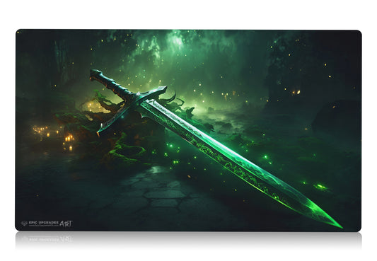 a glorious green and black sword resting on a patch of ground. inspired by the iconic EDH sword of feast and famine equipment card mtg commander play mat 24 inches by 14 inches